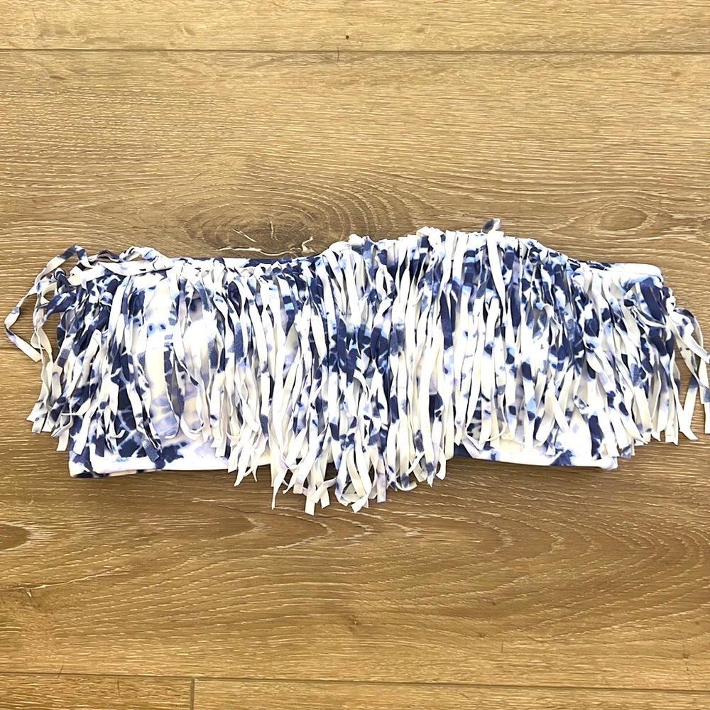 VICTORIA'S Secret Swim Top Bandeau Fringe Bikini Boho White/Blue Tye Dye SZ Sml